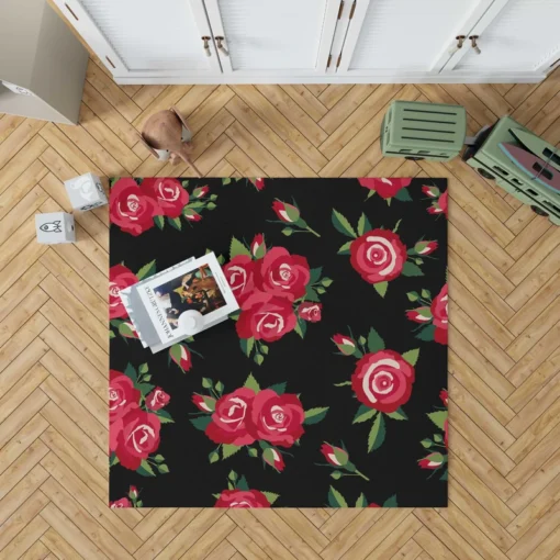 Roses & Rose Buds On Black Rug