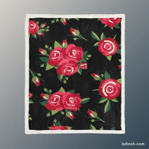 Roses & Rose Buds On Black Sherpa Fleece Blanket 1