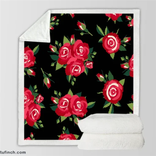 Roses & Rose Buds On Black Sherpa Fleece Blanket