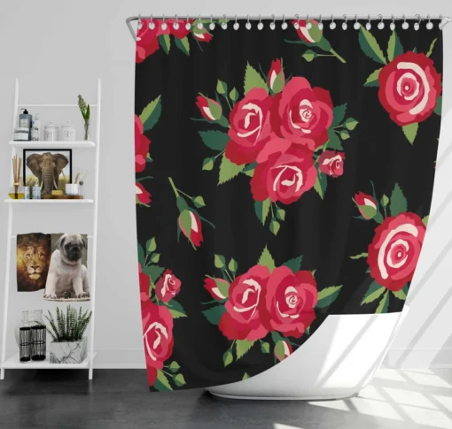 Roses & Rose Buds On Black Shower Curtain