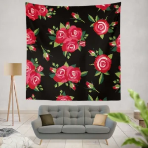 Roses & Rose Buds On Black Wall Tapestry