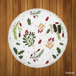 Rowan Berry Holly berry Leaves Pattern Round Beach Towel