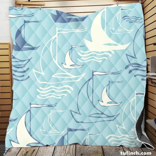 Sailboat Sea Wave Nautical Pattern Quilt Blanket