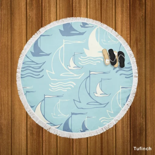 Sailboat Sea Wave Nautical Pattern Round Beach Towel