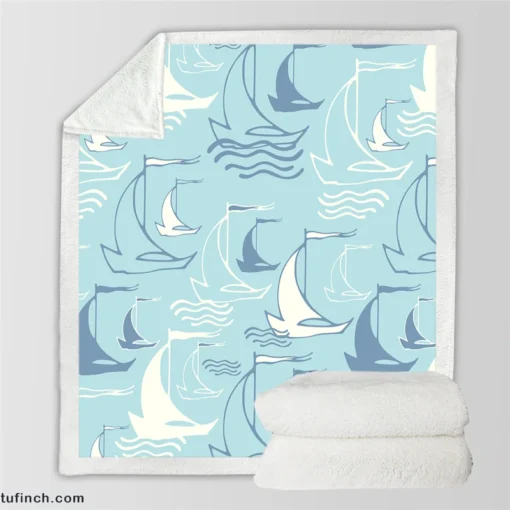 Sailboat Sea Wave Nautical Pattern Sherpa Fleece Blanket