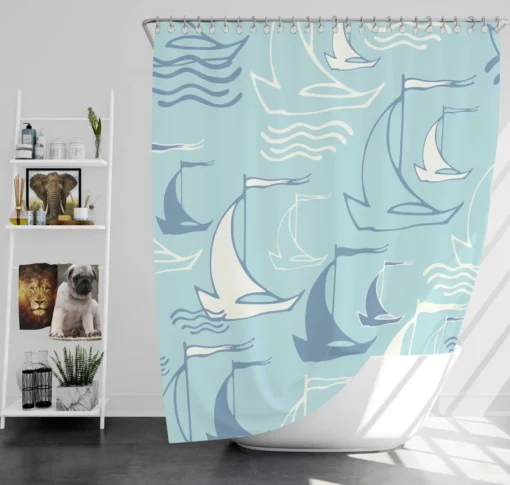 Sailboat Sea Wave Nautical Pattern Shower Curtain