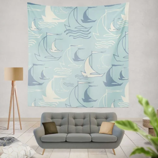 Sailboat Sea Wave Nautical Pattern Wall Tapestry