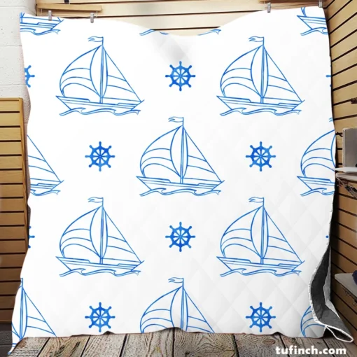 Sailing Boat Blue Wheel Quilt Blanket