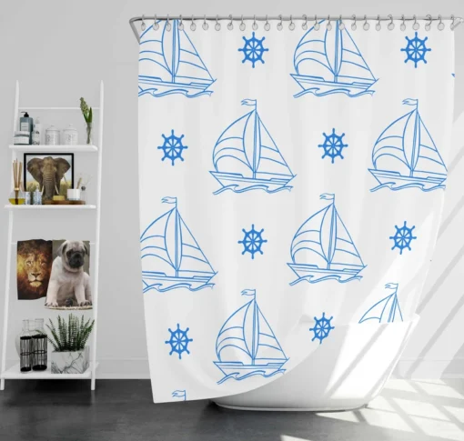 Sailing Boat Blue Wheel Shower Curtain