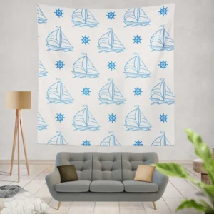 Sailing Boat Blue Wheel Wall Tapestry