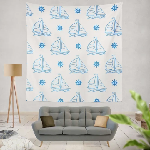 Sailing Boat Blue Wheel Wall Tapestry