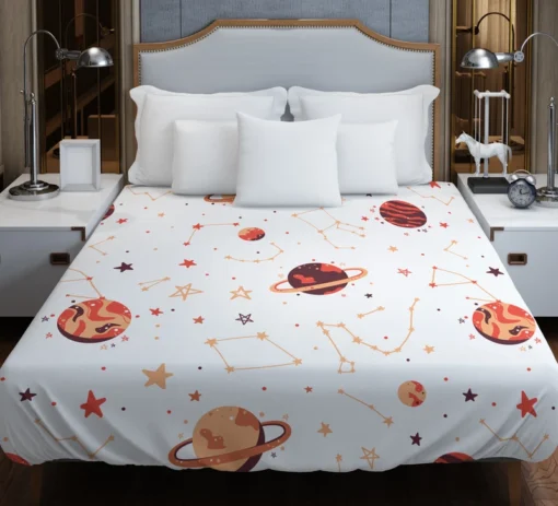 Saturn Planets In White Background Duvet Cover