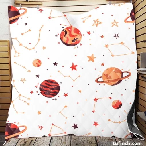 Saturn Planets In White Background Quilt Blanket