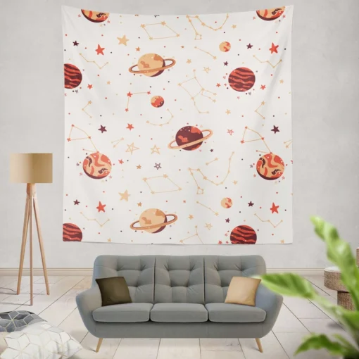 Saturn Planets In White Background Wall Tapestry