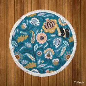 Scandinavian Folk Floral Design Round Beach Towel