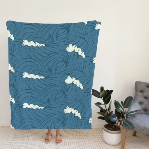 Sea Japanese Waves Fleece Blanket