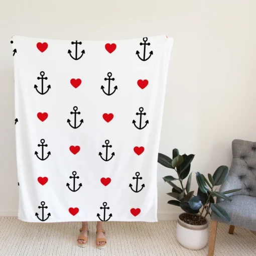 Sea Marine Anchor Red Heart Fleece Blanket