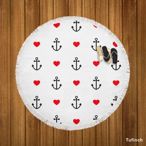 Sea Marine Anchor Red Heart Round Beach Towel