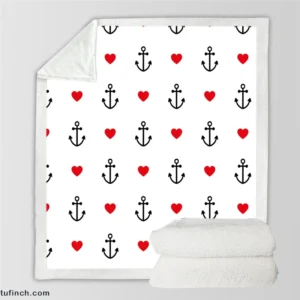 Sea Marine Anchor Red Heart Sherpa Fleece Blanket