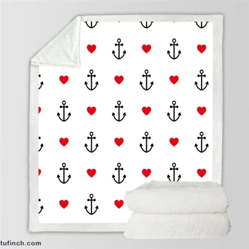 Sea Marine Anchor Red Heart Sherpa Fleece Blanket