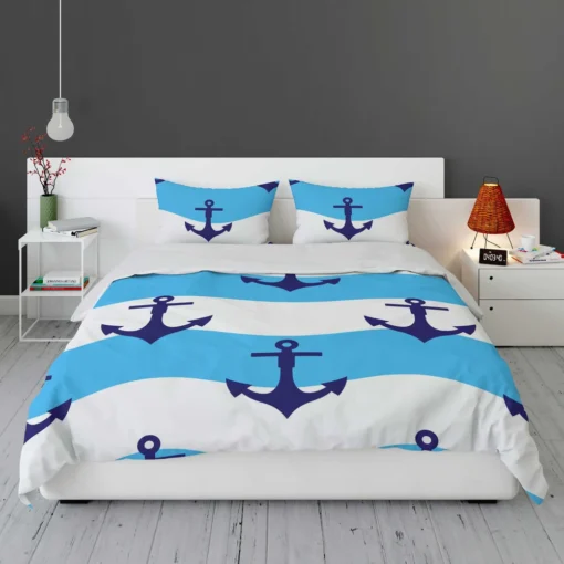 Ship Anchor On Blue White Wavy Stripes Bedding Set 1