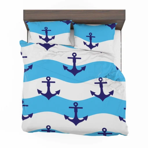 Ship Anchor On Blue White Wavy Stripes Bedding Set 2