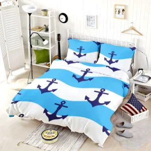 Ship Anchor On Blue White Wavy Stripes Bedding Set