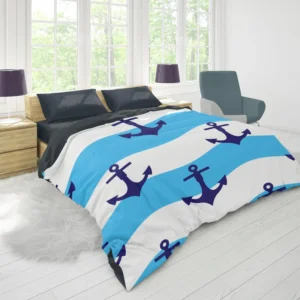 Ship Anchor On Blue White Wavy Stripes Duvet Cover 1