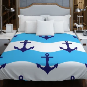 Ship Anchor On Blue White Wavy Stripes Duvet Cover