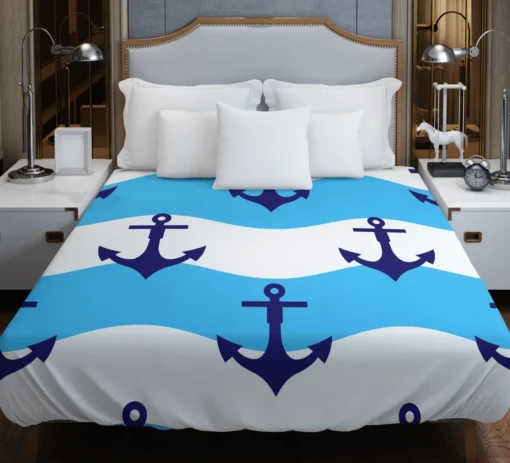 Ship Anchor On Blue White Wavy Stripes Duvet Cover