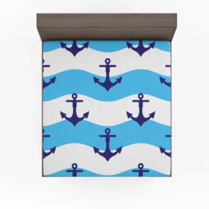 Ship Anchor On Blue White Wavy Stripes Fitted Sheet