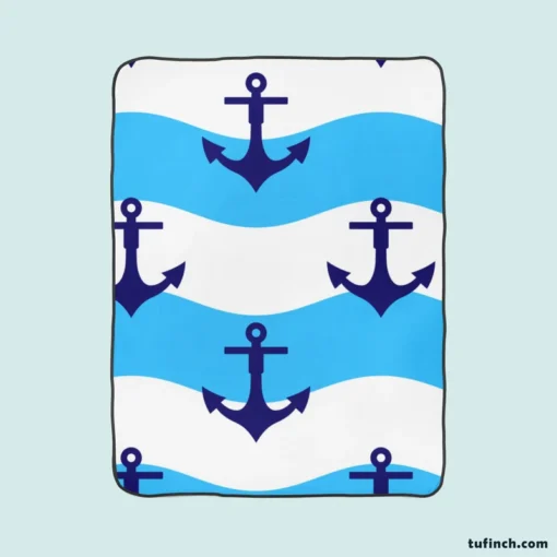 Ship Anchor On Blue White Wavy Stripes Fleece Blanket 1