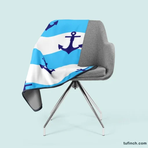 Ship Anchor On Blue White Wavy Stripes Fleece Blanket 2