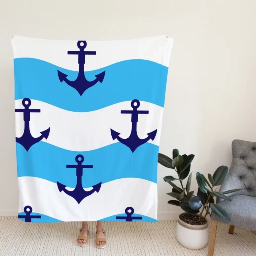 Ship Anchor On Blue White Wavy Stripes Fleece Blanket