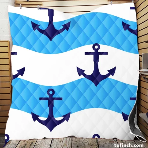 Ship Anchor On Blue White Wavy Stripes Quilt Blanket