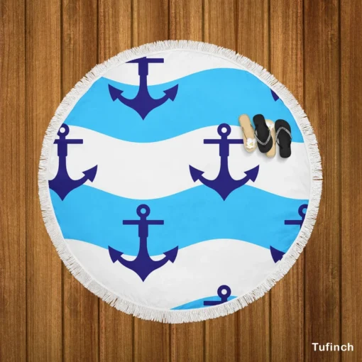 Ship Anchor On Blue White Wavy Stripes Round Beach Towel