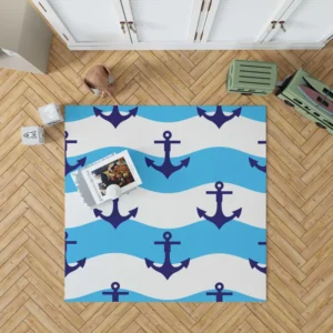 Ship Anchor On Blue White Wavy Stripes Rug