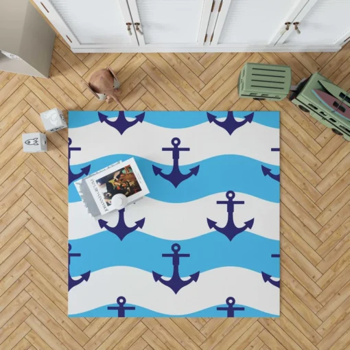 Ship Anchor On Blue White Wavy Stripes Rug