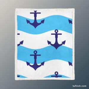 Ship Anchor On Blue White Wavy Stripes Sherpa Fleece Blanket 1