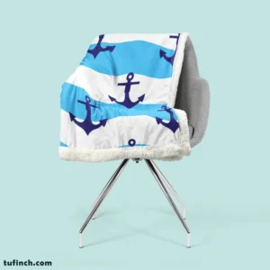 Ship Anchor On Blue White Wavy Stripes Sherpa Fleece Blanket 2