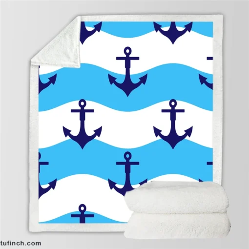 Ship Anchor On Blue White Wavy Stripes Sherpa Fleece Blanket