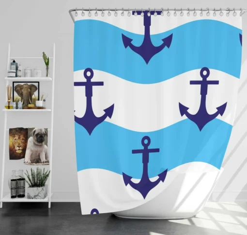 Ship Anchor On Blue White Wavy Stripes Shower Curtain