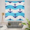 Ship Anchor On Blue White Wavy Stripes Wall Tapestry