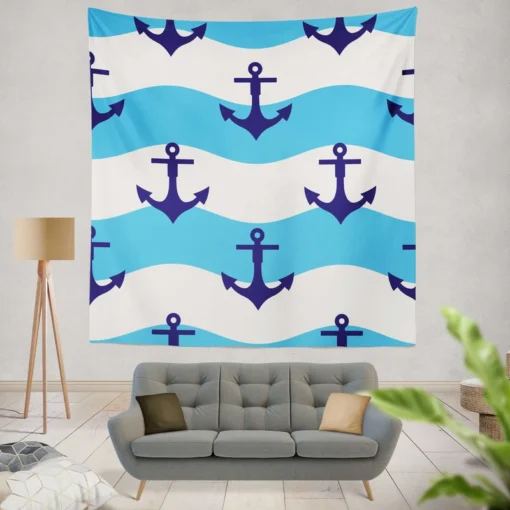 Ship Anchor On Blue White Wavy Stripes Wall Tapestry