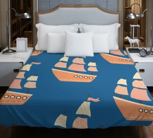 Ship With Sails Nautical Pattern Duvet Cover