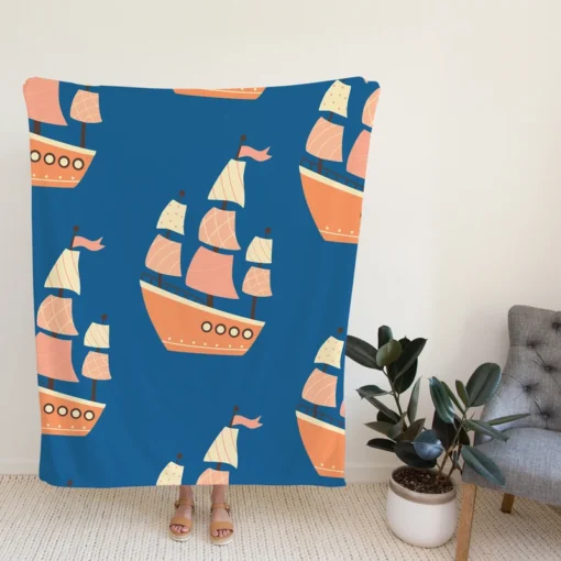 Ship With Sails Nautical Pattern Fleece Blanket