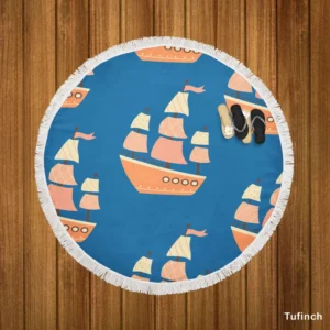 Ship With Sails Nautical Pattern Round Beach Towel