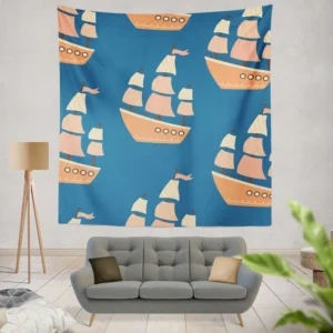 Ship With Sails Nautical Pattern Wall Tapestry