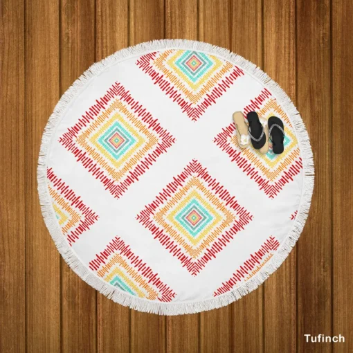 Sketched Ethnic Square Tribal Pattern Round Beach Towel