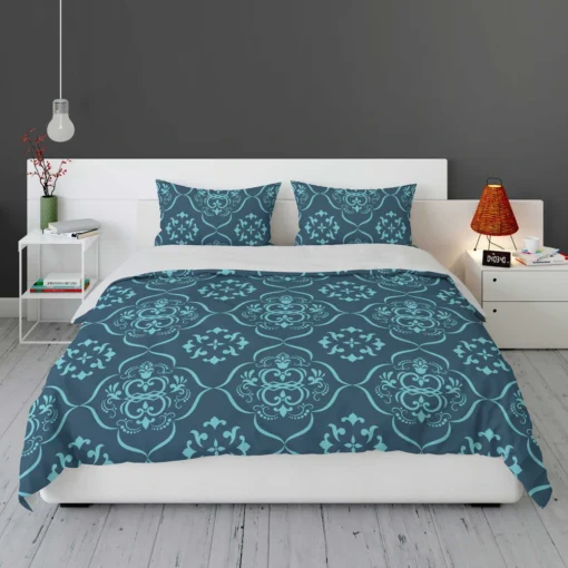 Sky Blue And Aegean Damask Pattern Bedding Set 1